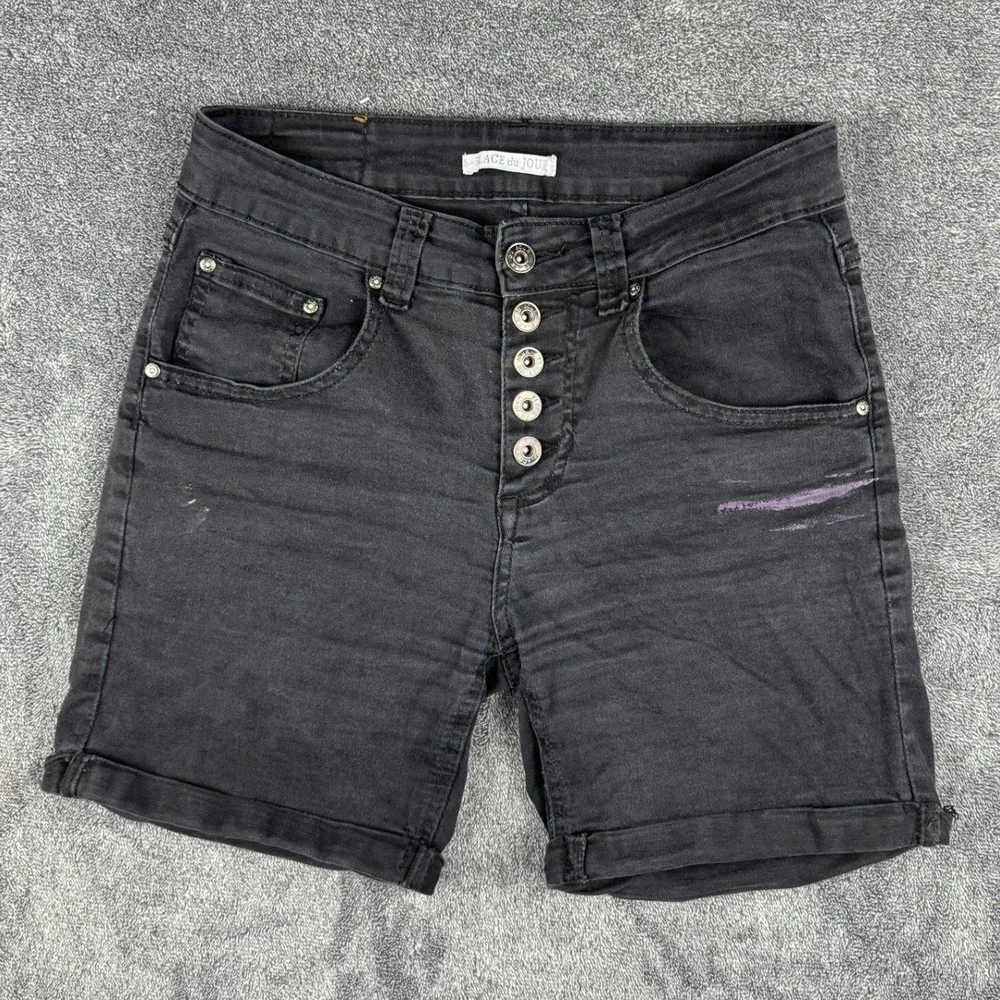 Place du Jour Black Denim Cuffed Shorts Button Fly Star Detail Size 36 Mens